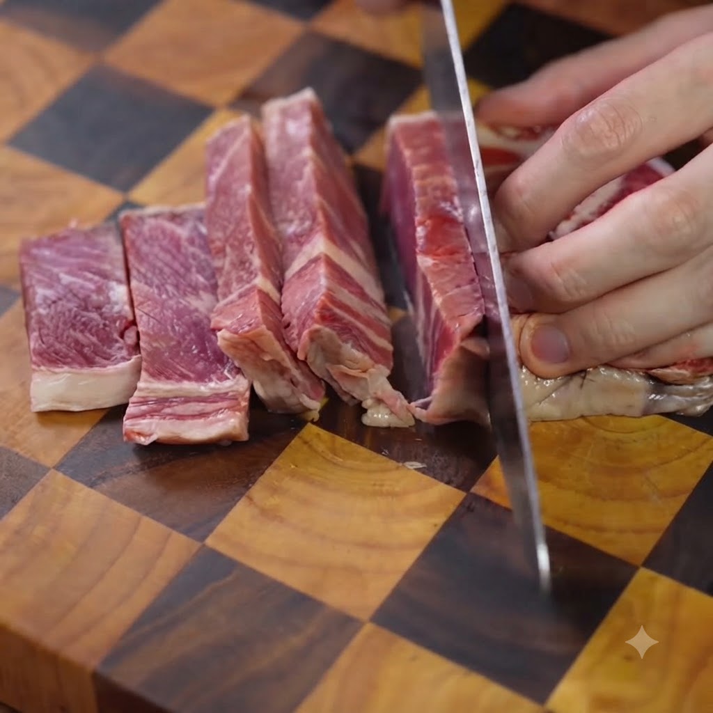 Un coltello da cucina affilato che taglia una fetta di controfiletto di manzo crudo in strisce uniformi su un tagliere di legno.