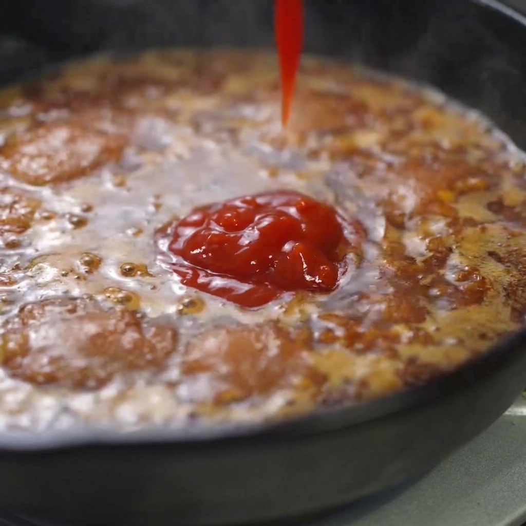 Concentrato di pomodoro e salsa di soia versati e aggiunti alla salsa della padella in ebollizione.