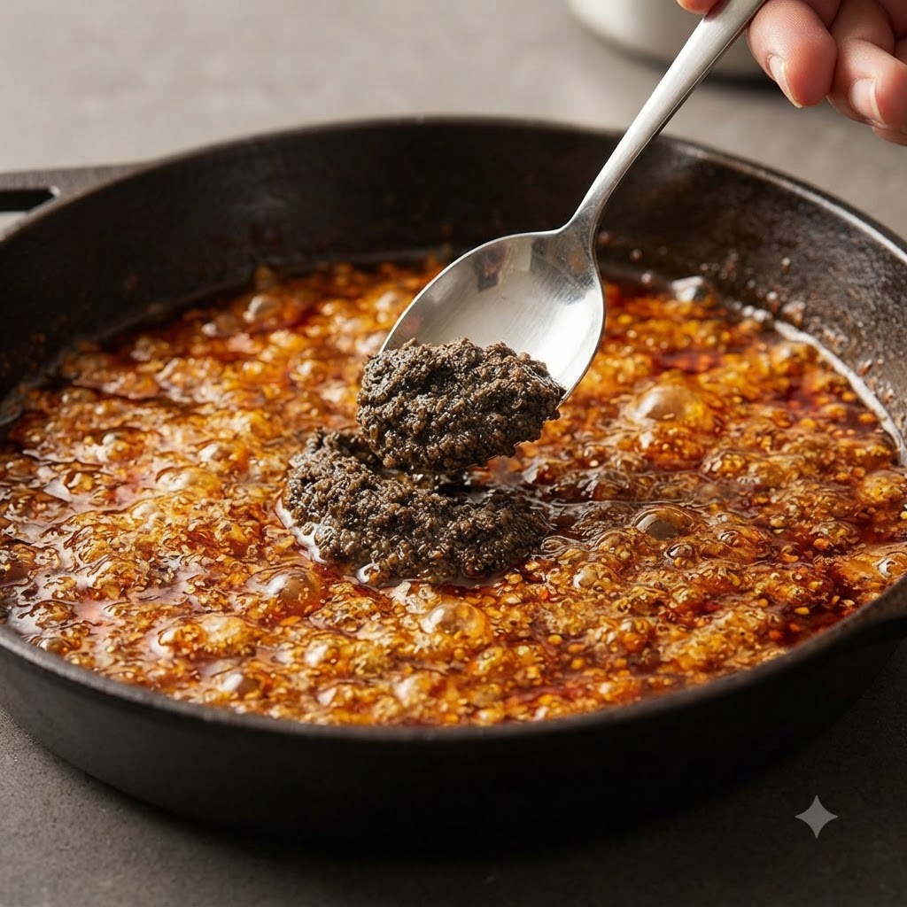 Un cucchiaio dargento che regge la pasta di tartufo nero sopra una salsa in padella marrone scuro che sobbolle.