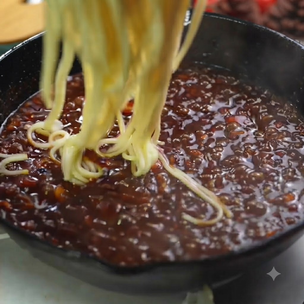 Spaghetti bolliti freschi sollevati e fatti cadere in una padella di ricca salsa al tartufo per pasta.