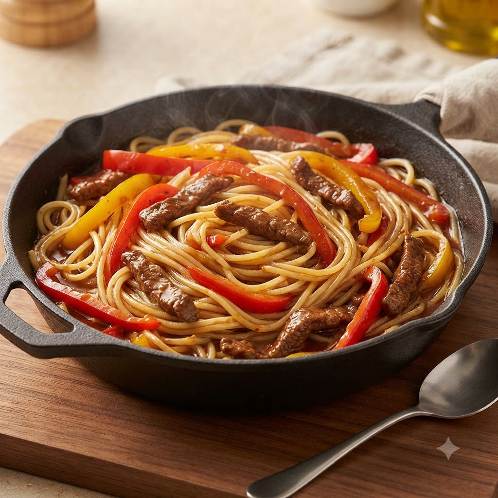 Una padella di ghisa riempita con spaghetti cotti, peperoni affettati e pezzi di manzo ricoperti di salsa.
