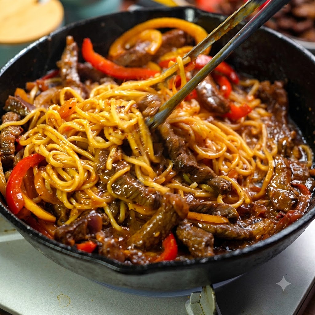 Un paio di pinze che saltano attivamente spaghetti, manzo e peperoni in una padella con una ricca salsa.
