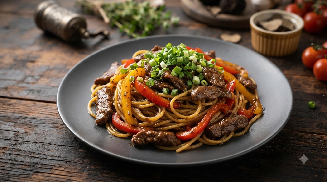 Spaghetti al Tartufo Nero con Salsa di Manzo