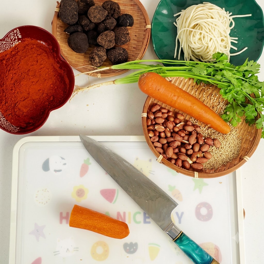 Un coltello da chef affilato che taglia una carota a julienne sottile su un tagliere.