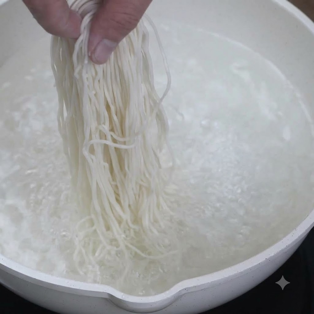 Noodles crudi immersi in una pentola di acqua bollente.