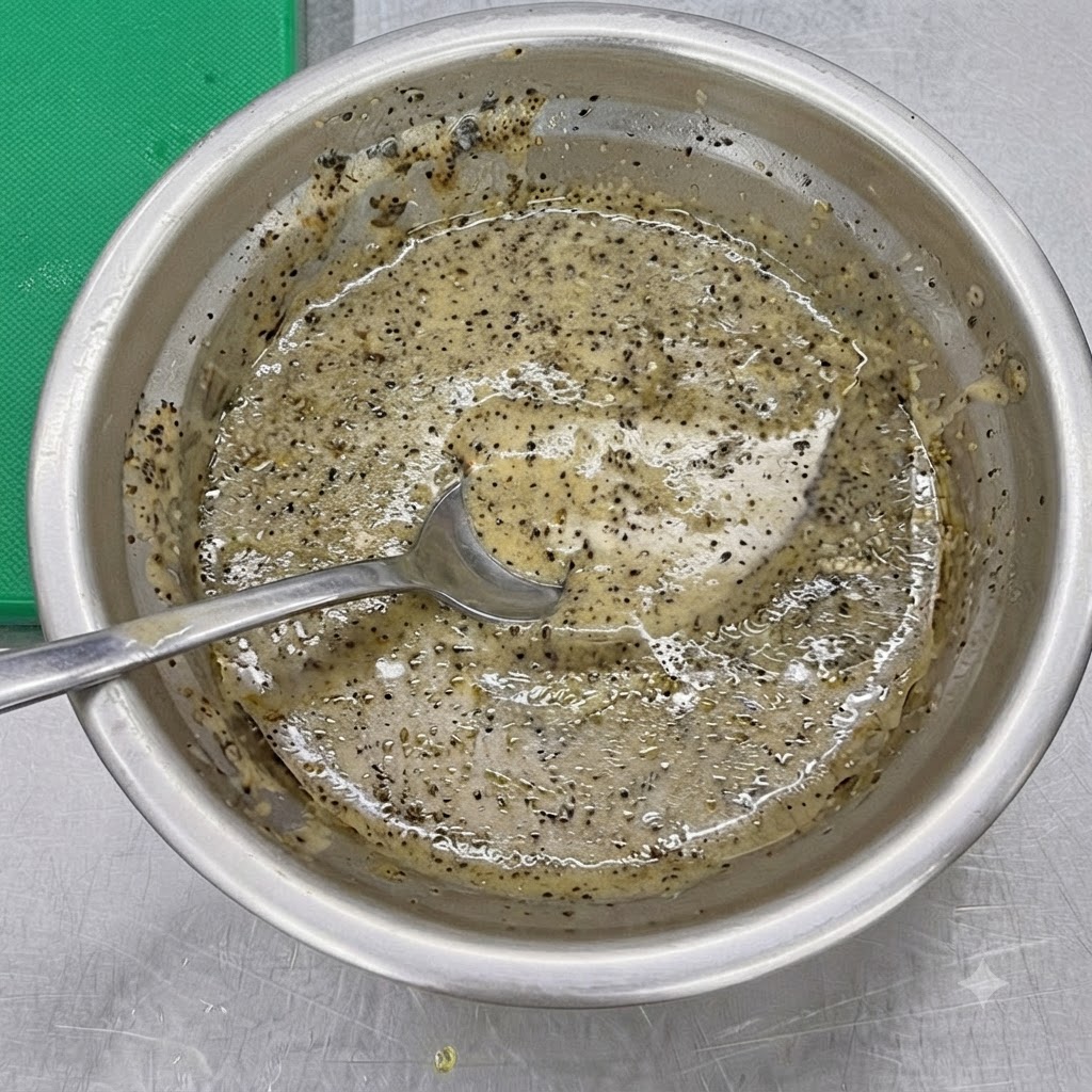 Una piccola ciotola di metallo contenente un mix scuro di crema al tartufo e salsa al sesamo mescolato con un cucchiaio.