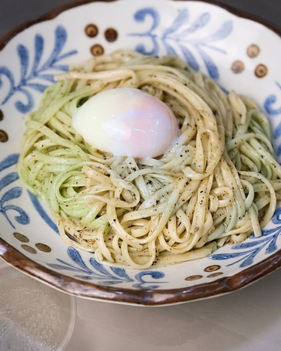 Noodles ben conditi sistemati in modo ordinato in una ciotola di ceramica bianca e blu.