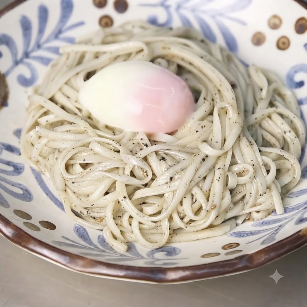 Un uovo onsen posizionato al centro del nido di noodles allinterno di una ciotola di ceramica.