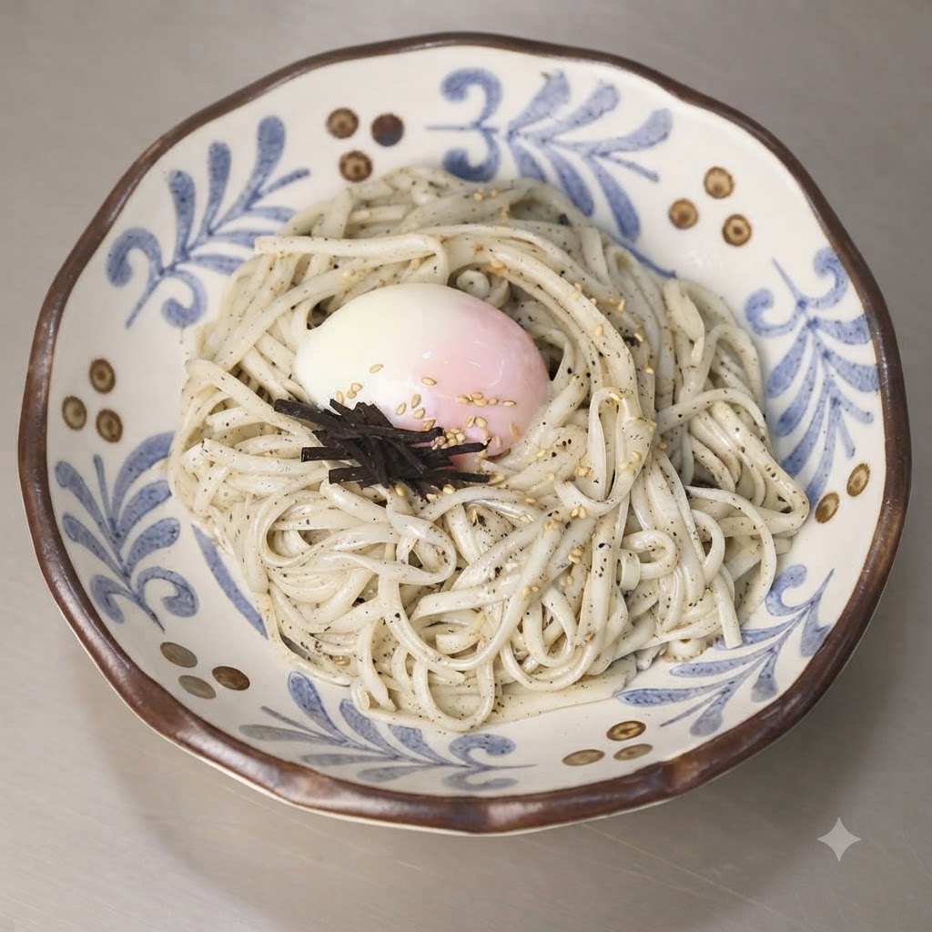 Semi di sesamo tostati sparsi uniformemente sui noodles e sulluovo onsen nella ciotola decorativa.
