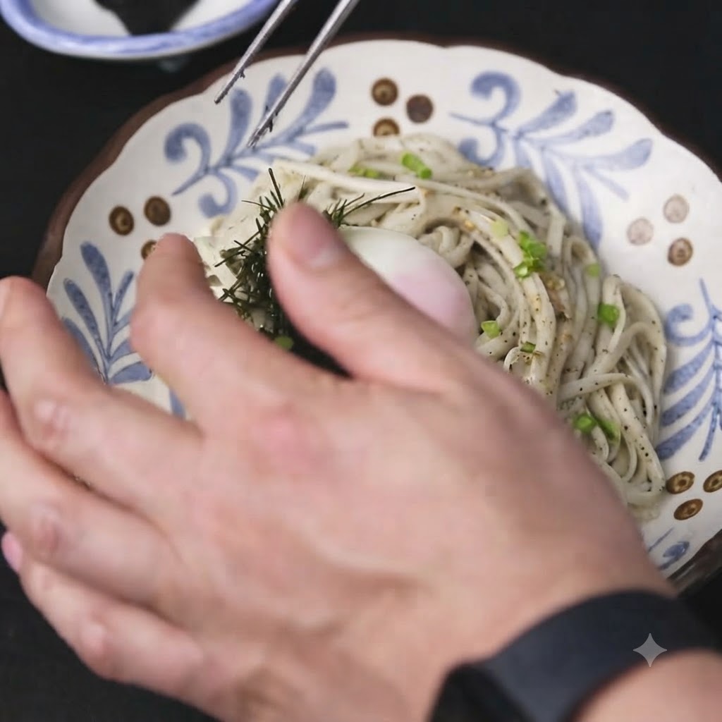 Mani che usano un paio di pinzette per posizionare lalga nori tagliata a striscioline sul piatto di noodles.