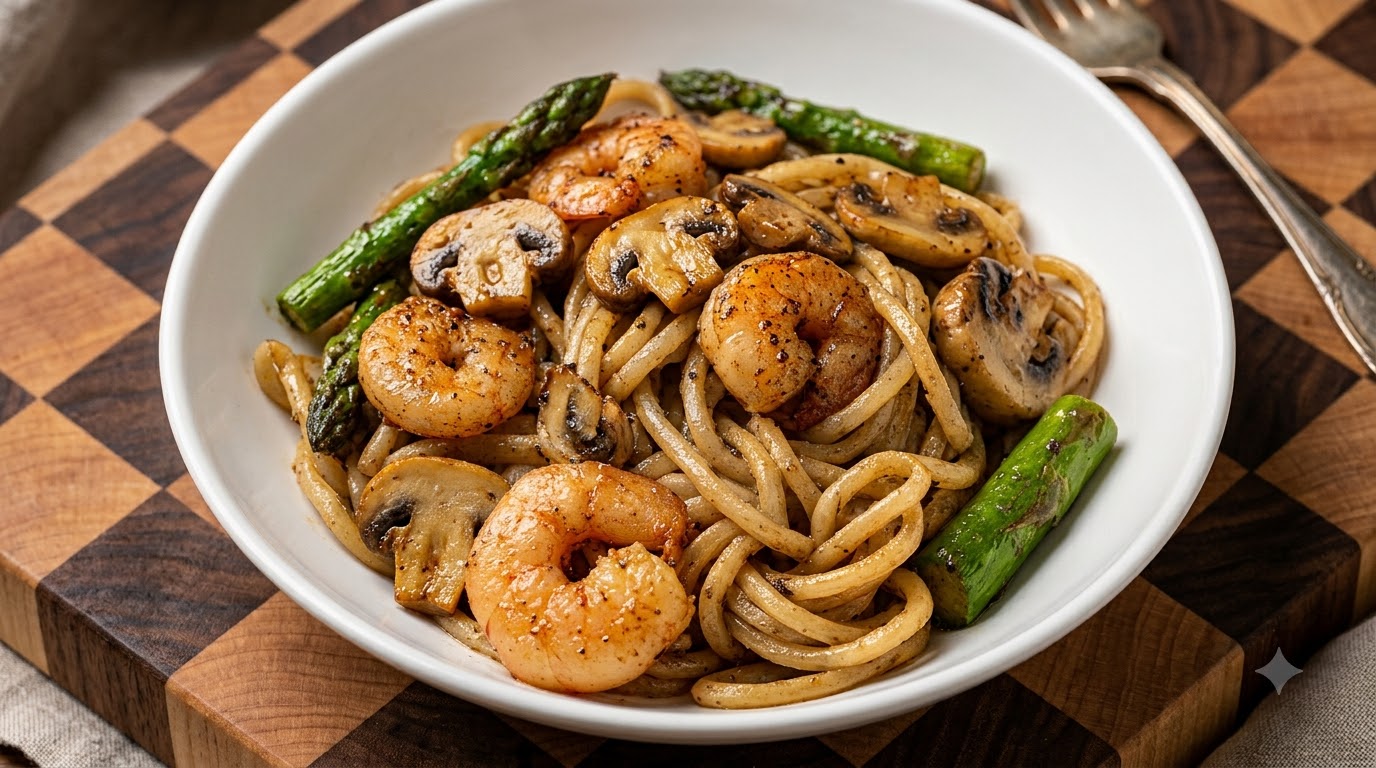 Noodles con Tartufo Nero e Gamberi