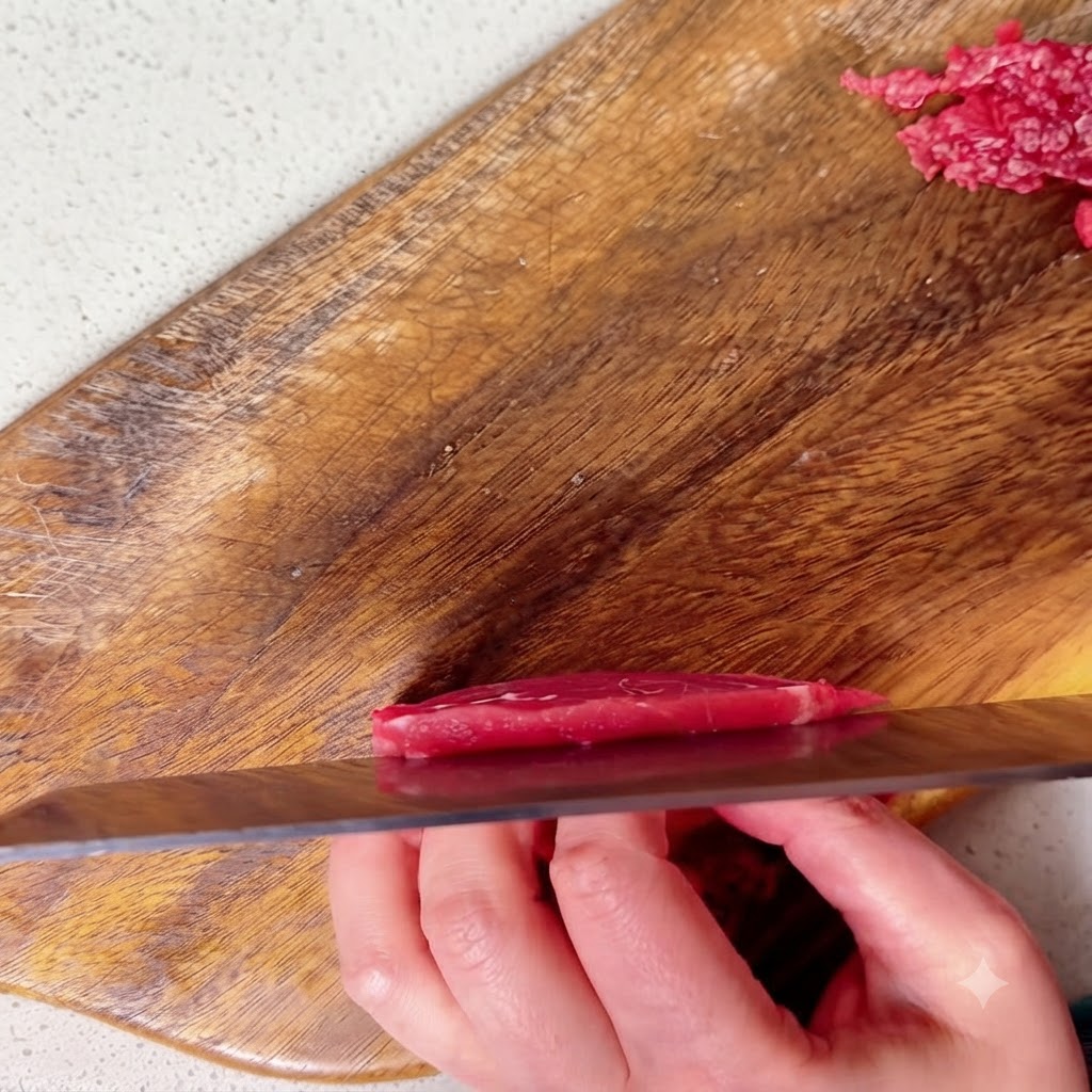 Una vista ravvicinata di un filetto di manzo tagliato e ridotto a piccoli pezzi su un tagliere di legno.