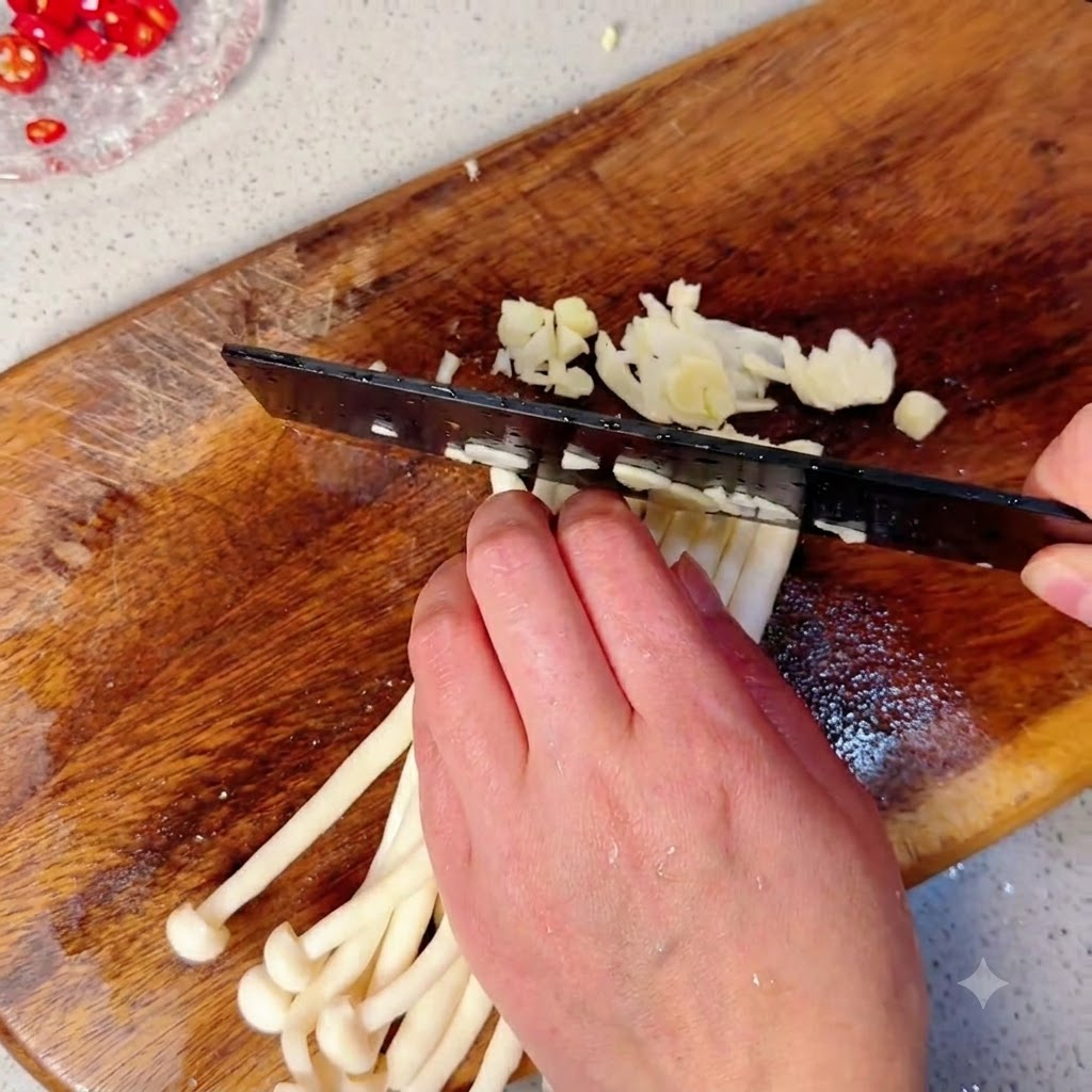 Funghi shimeji tagliati a piccoli pezzi su un tagliere di legno accanto a peperoncini tritati.