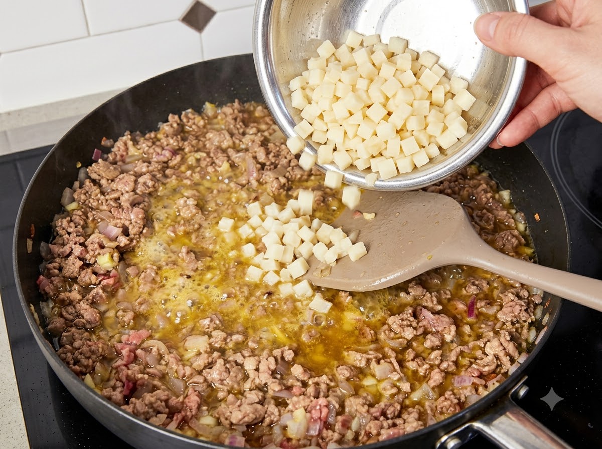 Funghi tritati versati da una ciotola nella padella con manzo e cipolle.