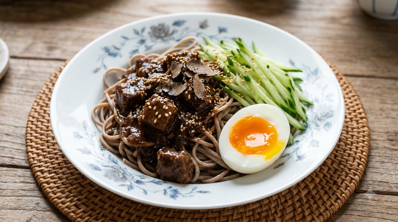 Spaghetti di Soba con Salsa di Manzo al Tartufo Nero