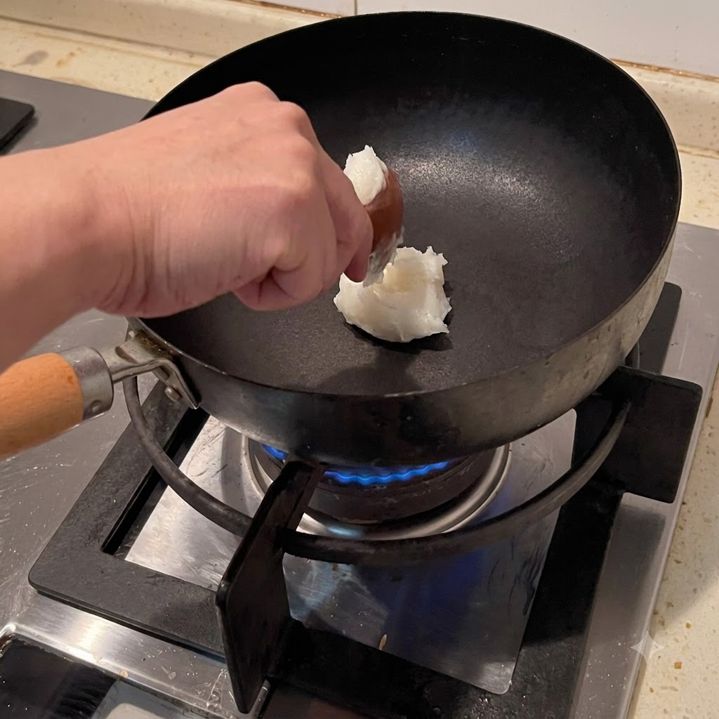 Strutto aggiunto in un wok caldo che si scioglie in olio su una fiamma blu.