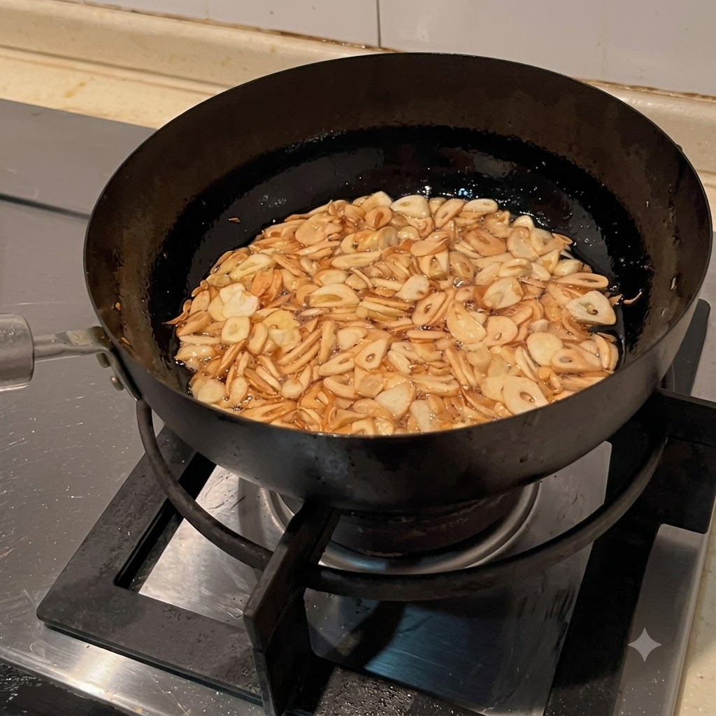 Chips daglio dorate che friggono uniformemente nellolio dentro una padella.