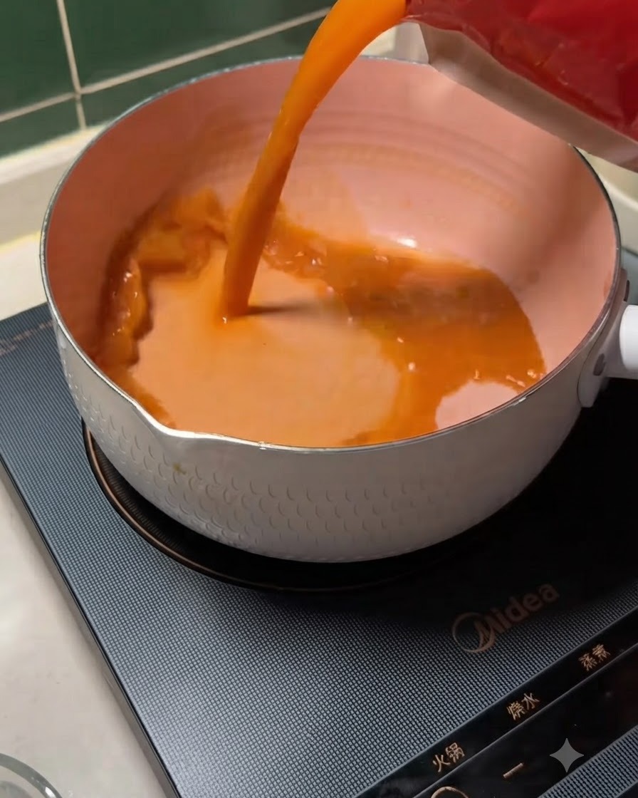 Confezione rossa che versa una densa base di zuppa di miso piccante giapponese di colore arancione in una pentola bianca su un piano cottura a induzione nero.
