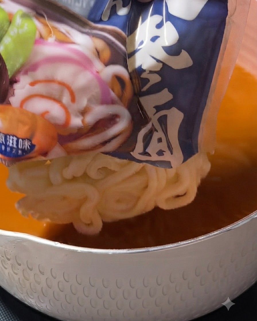 Un panetto di noodle udon bianchi fatto cadere da una confezione blu nel brodo di zuppa arancione dentro una pentola bianca.