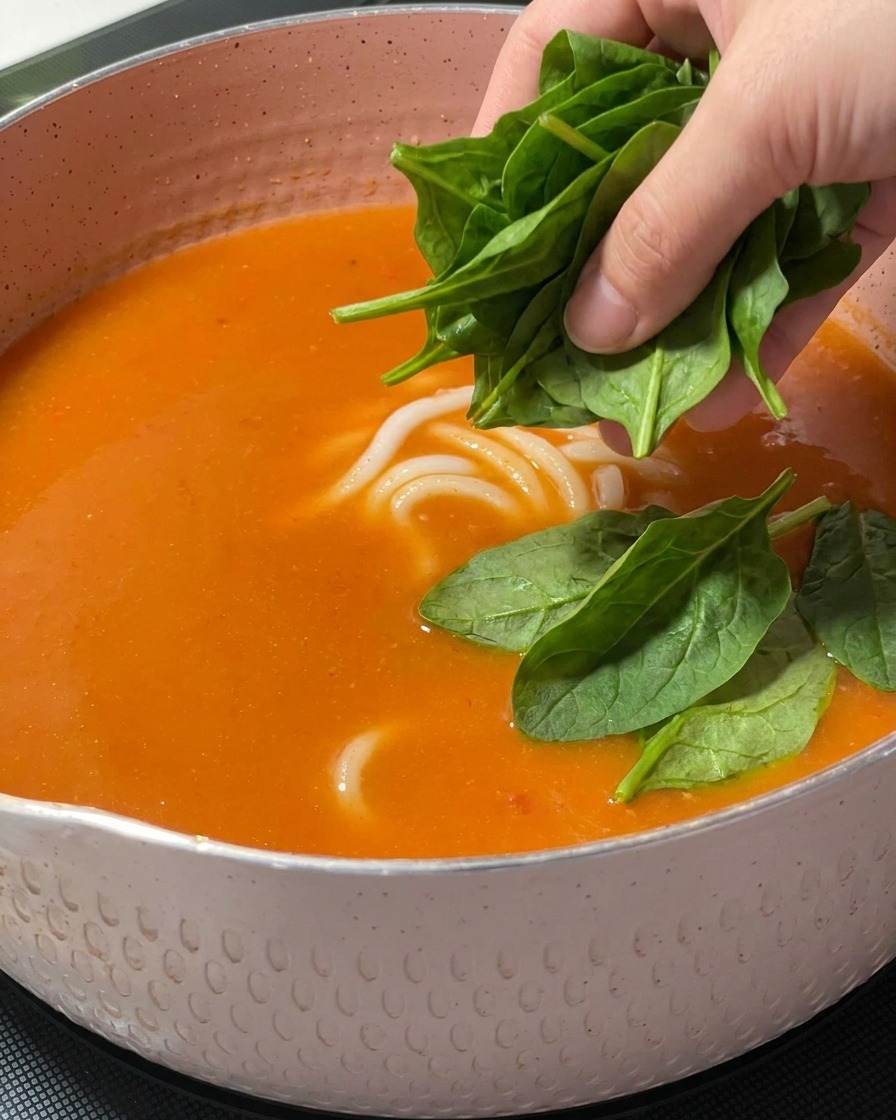 Foglie di spinaci verdi freschi aggiunte a mano in una pentola di zuppa di miso piccante arancione con noodle udon.