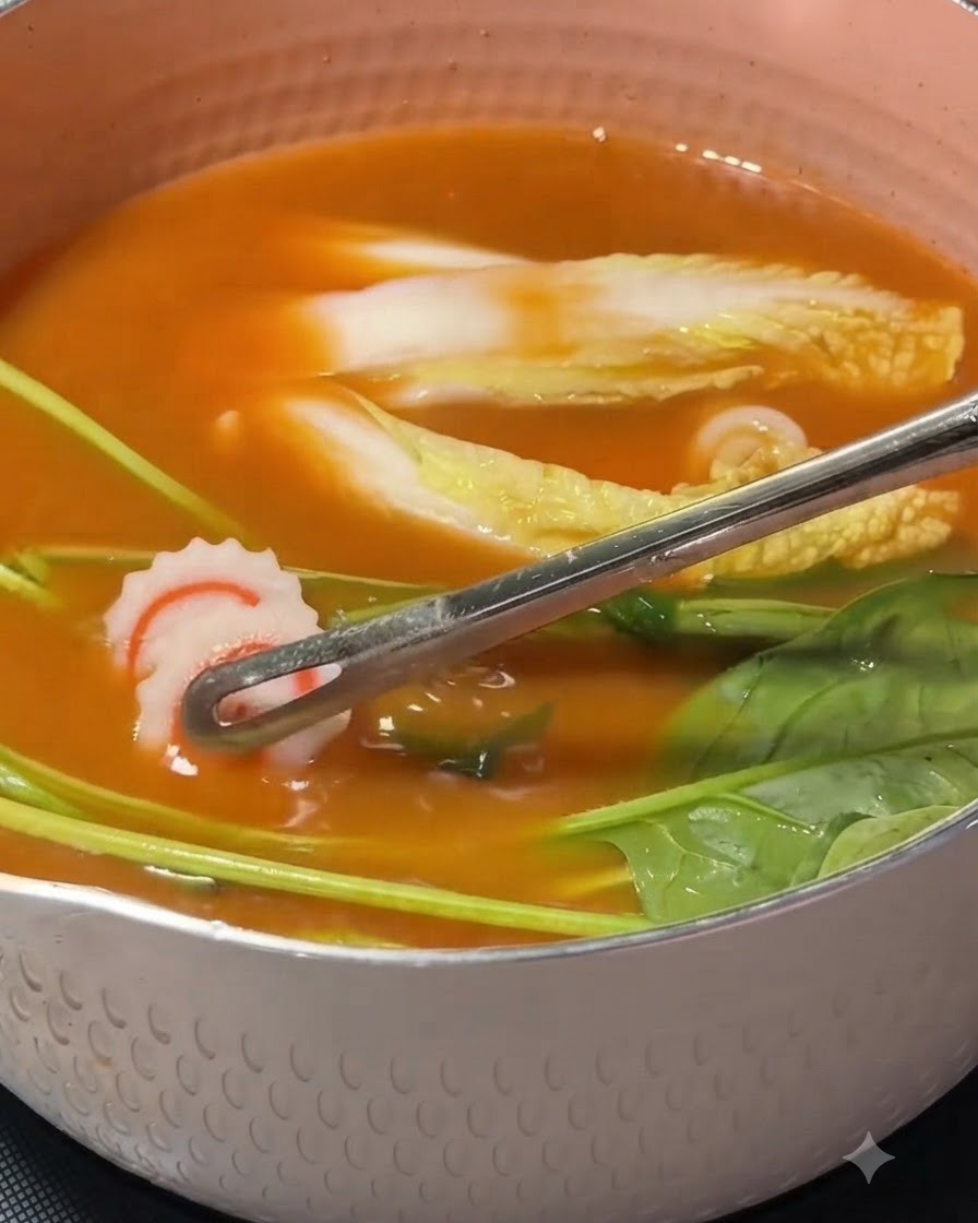 Delle pinze che posizionano fette di surimi di pesce naruto a spirale in una pentola piena di brodo, cavolo cinese e spinaci.