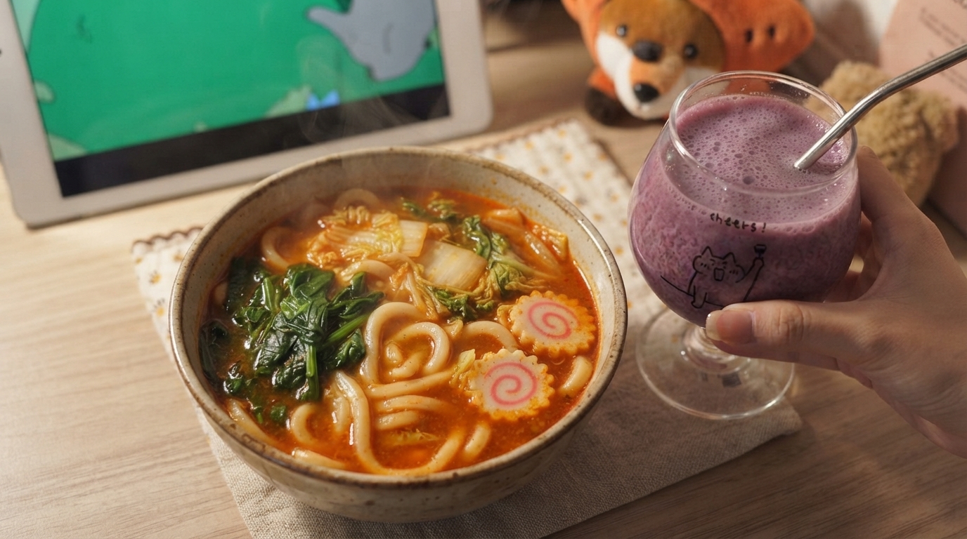 Una fumante ciotola di udon al miso piccante con verdure fresche e tortini di pesce naruto, servita accanto a una bevanda cremosa di latte e uva viola.