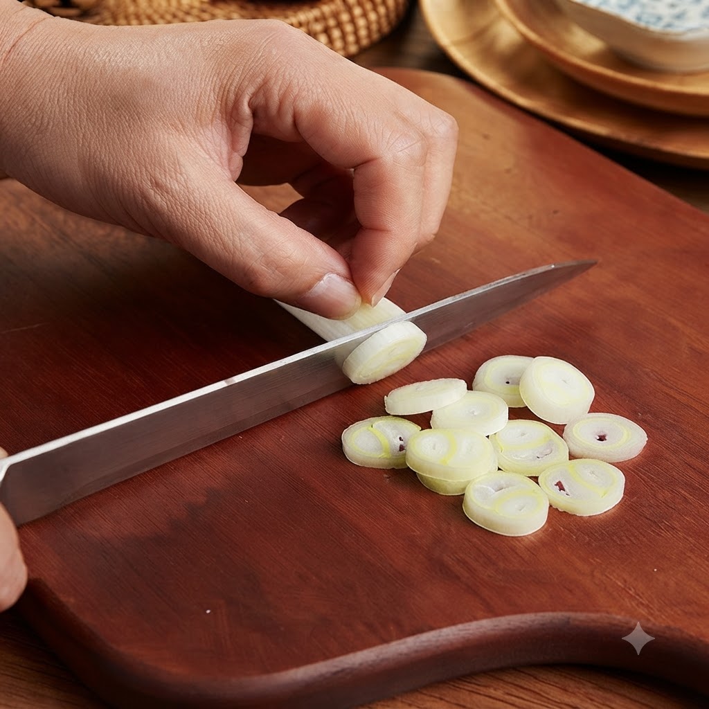 Rondelle sottili di scalogno e aglio tritato disposti su un tagliere di legno.