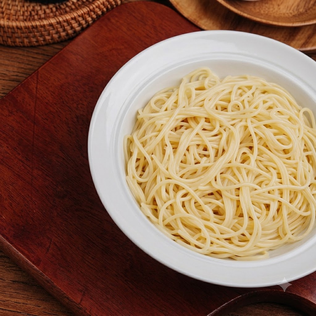 Noodles cotti allinterno di una ciotola bianca pronti per essere conditi con lolio.