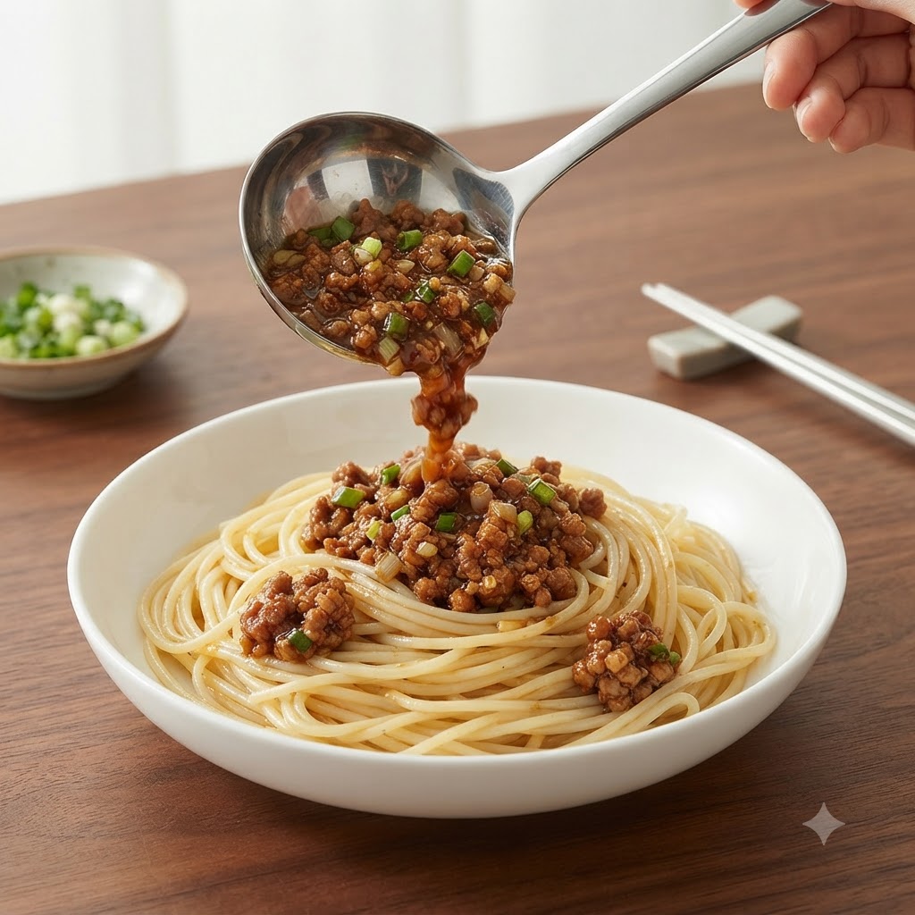Un mestolo che versa una ricca salsa di carne marrone su un letto di noodles in una ciotola da portata bianca.