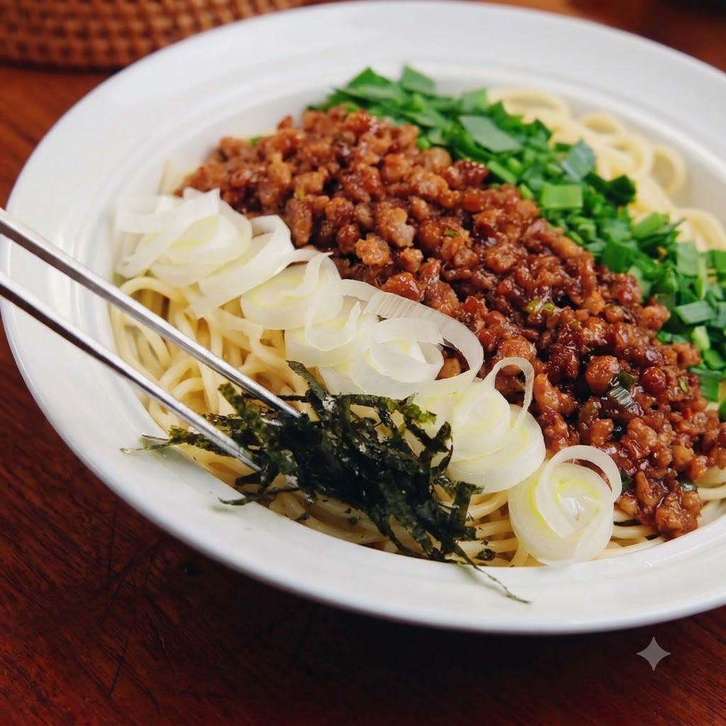 Una ciotola di noodles e salsa di carne guarnita con scalogno affettato, cipolle bianche e nori.