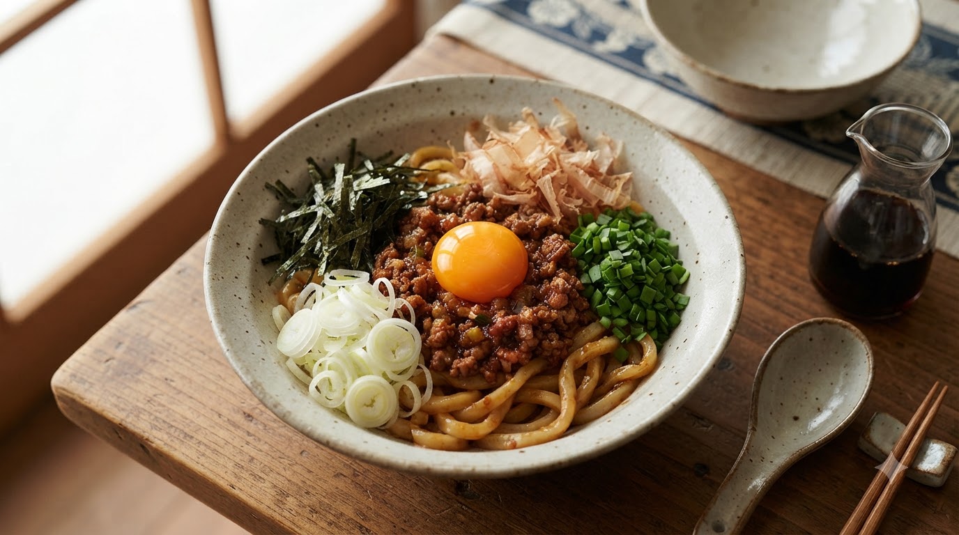 Una ciotola di mazesoba di Nagoya guarnita con salsa di carne macinata, tuorlo duovo crudo, scalogno, erba cipollina, nori e fiocchi di bonito