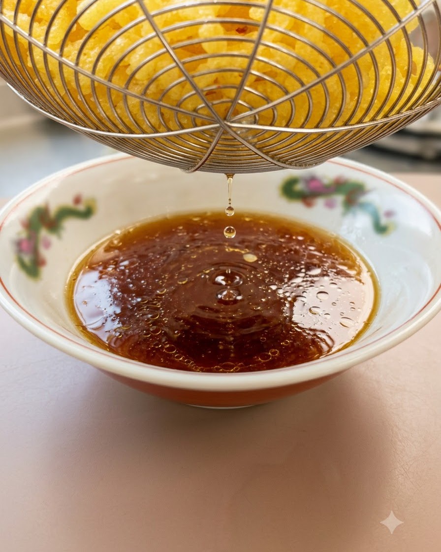 Spessi noodles gialli di ramen sollevati da un colino, che gocciolano acqua in una ciotola decorata piena di salsa.