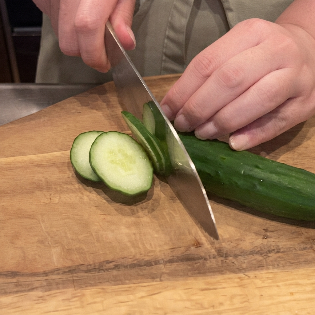 Un coltello affilato taglia un cetriolo verde fresco in sottili rondelle su un tagliere di legno.
