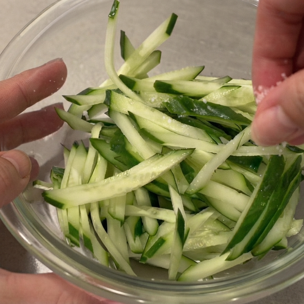 Mani che cospargono sale grosso su una ciotola di strisce di cetriolo verde fresco.