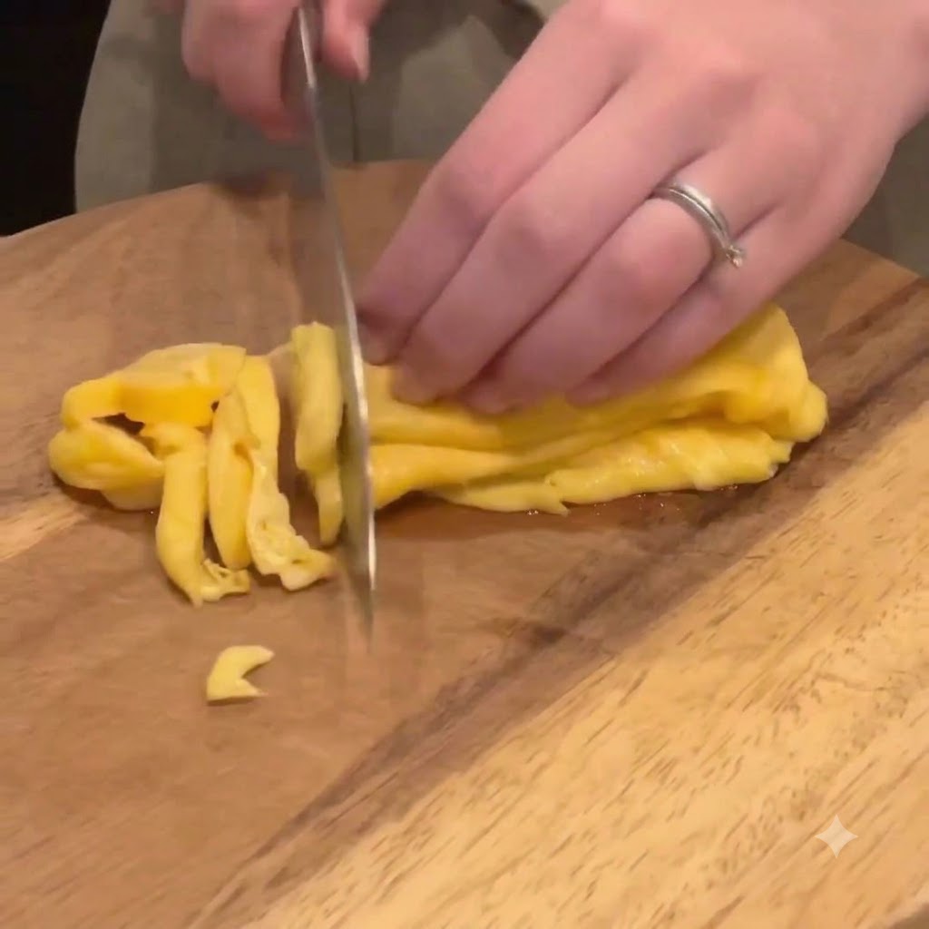 Una frittata tagliata a strisce sottili con un coltello su un tagliere di legno.