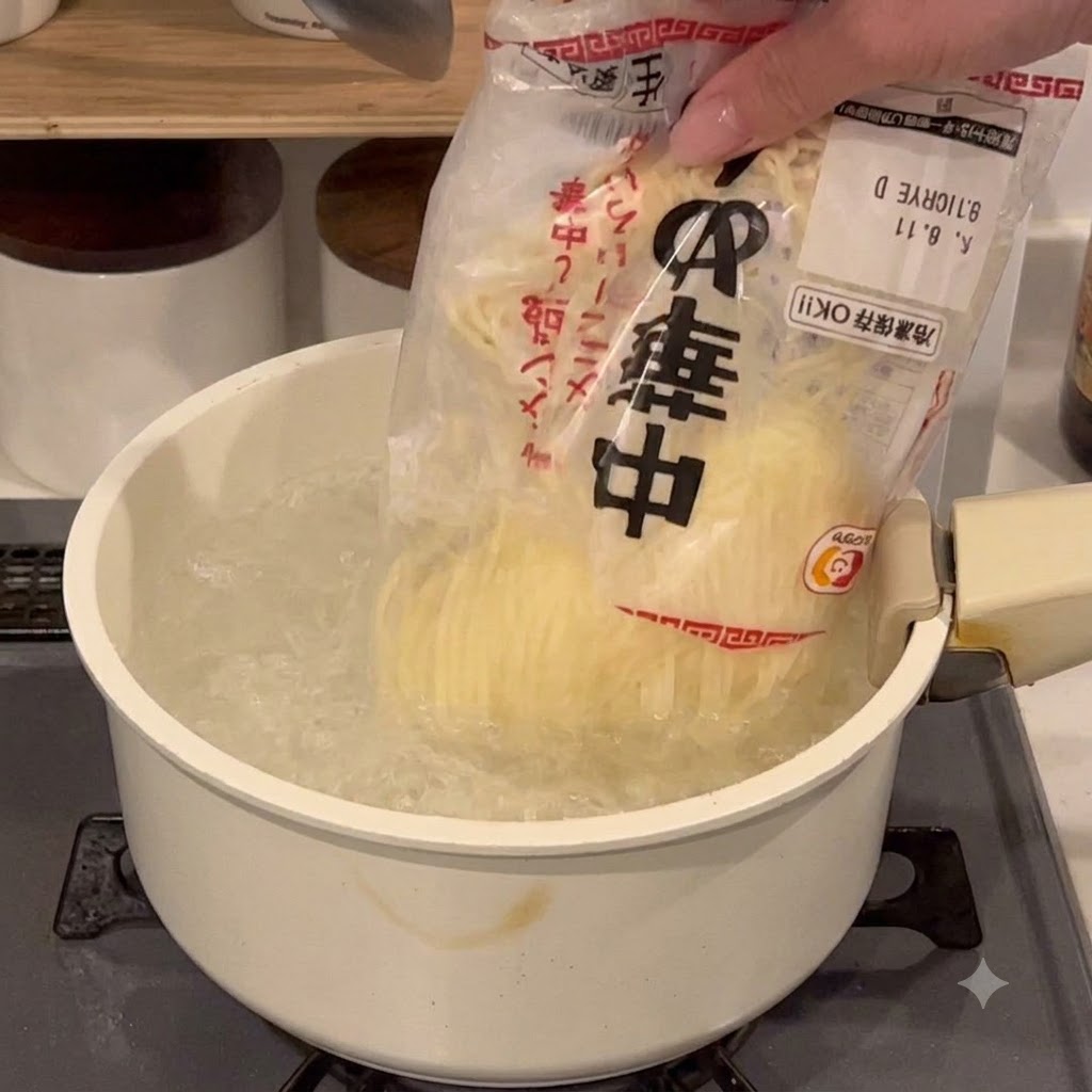 Una confezione di noodles svuotata in una grande pentola di acqua bollente su un fuoco.