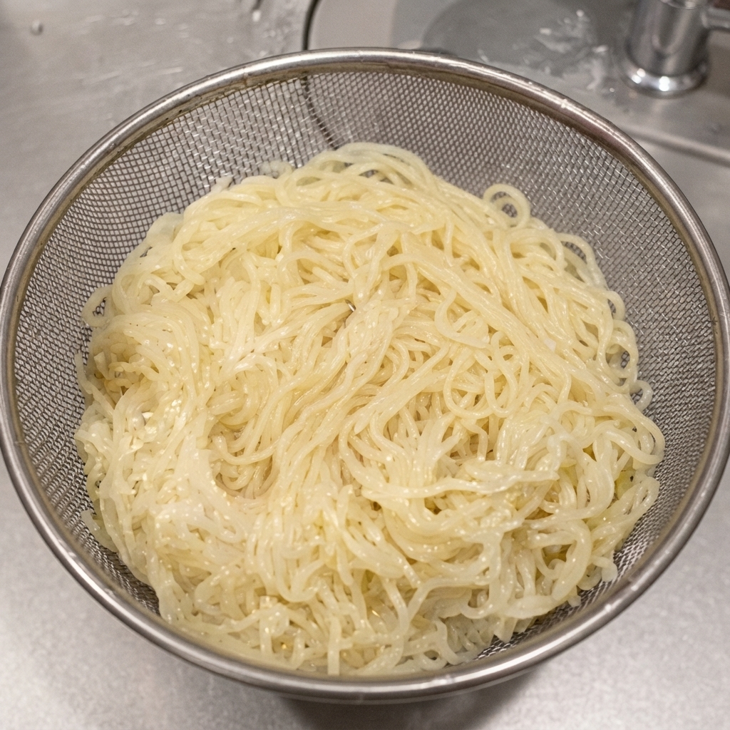 Noodles cotti in un colino a maglia dacciaio dopo essere stati sciacquati sotto lacqua fredda.