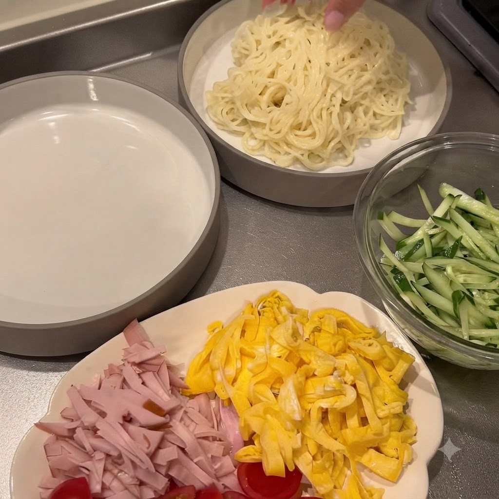 Una ciotola da portata piena di noodles accanto a piatti separati contenenti cetrioli, prosciutto e strisce di uovo.