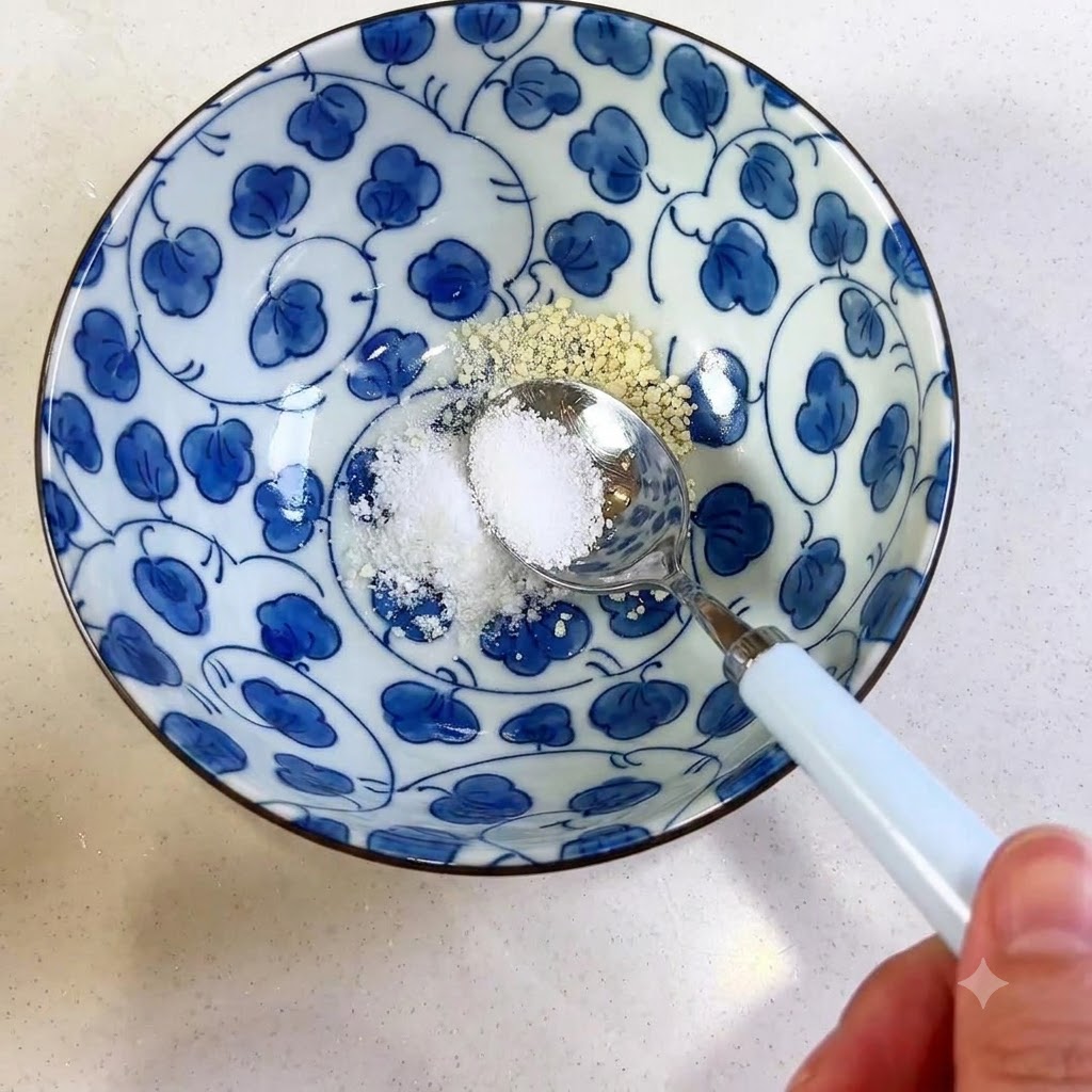 Un cucchiaio che raccoglie e misura i condimenti in una ciotola di ceramica decorata in bianco e blu.