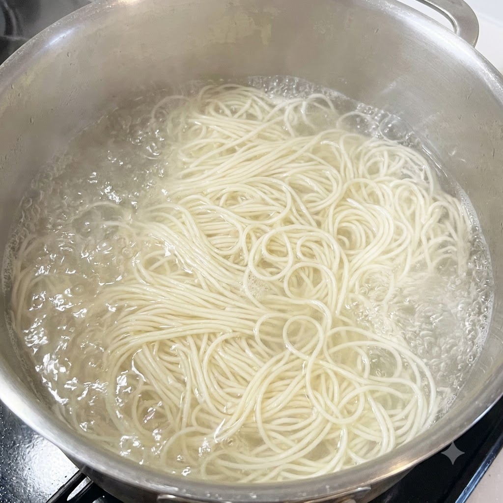 Noodles somen secchi che cuociono e bollono allinterno di una grande pentola in acciaio inossidabile.