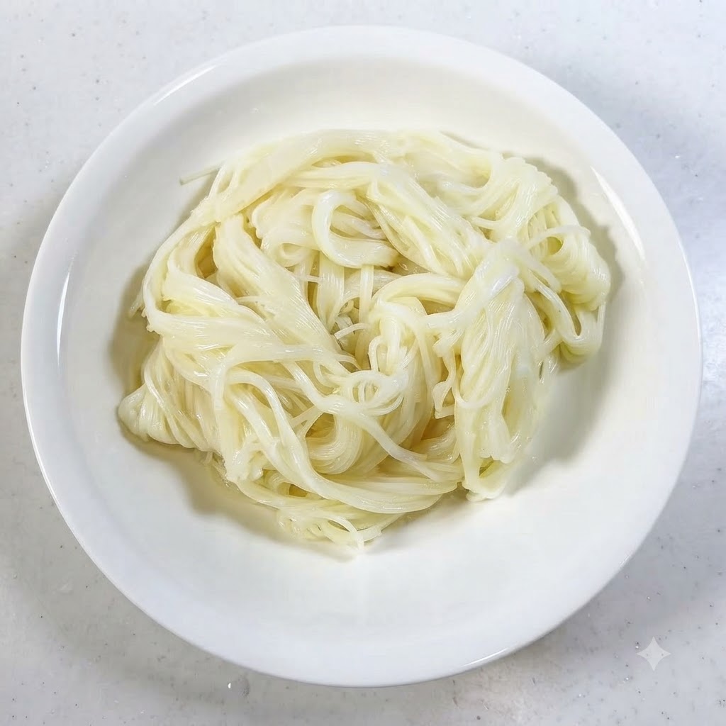 Una ciotola da portata bianca riempita di noodles somen freddi mentre vengono aggiunte sopra le listarelle di cipolla viola.