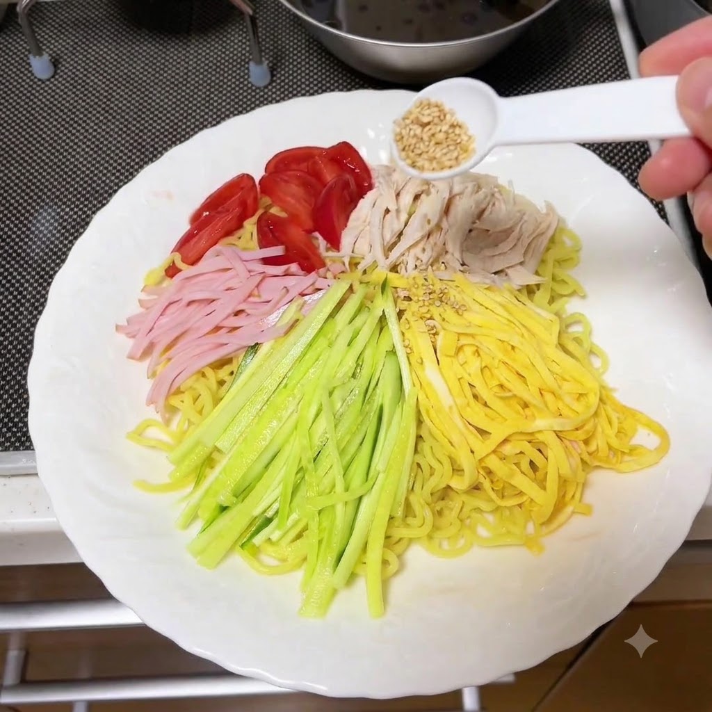 Condimenti come cetriolo, prosciutto e pomodori guarniti con semi di sesamo sopra i noodles.