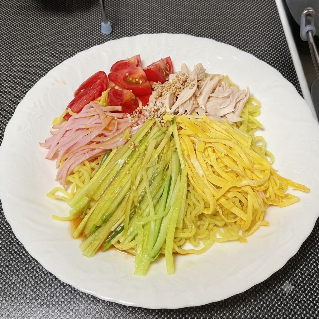 Succo di condimento versato sui noodles assemblati e sui condimenti.