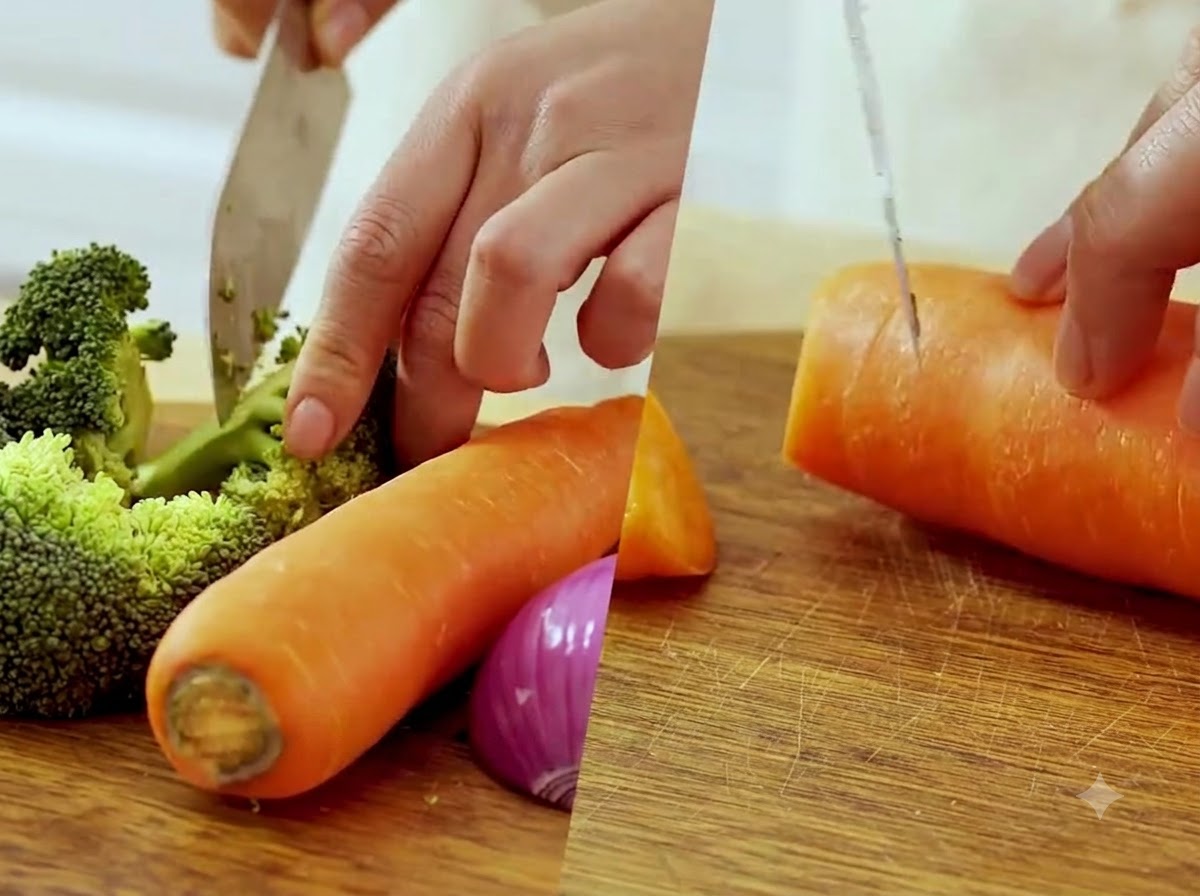 Una carota cruda tagliata a pezzi su un tagliere di legno.