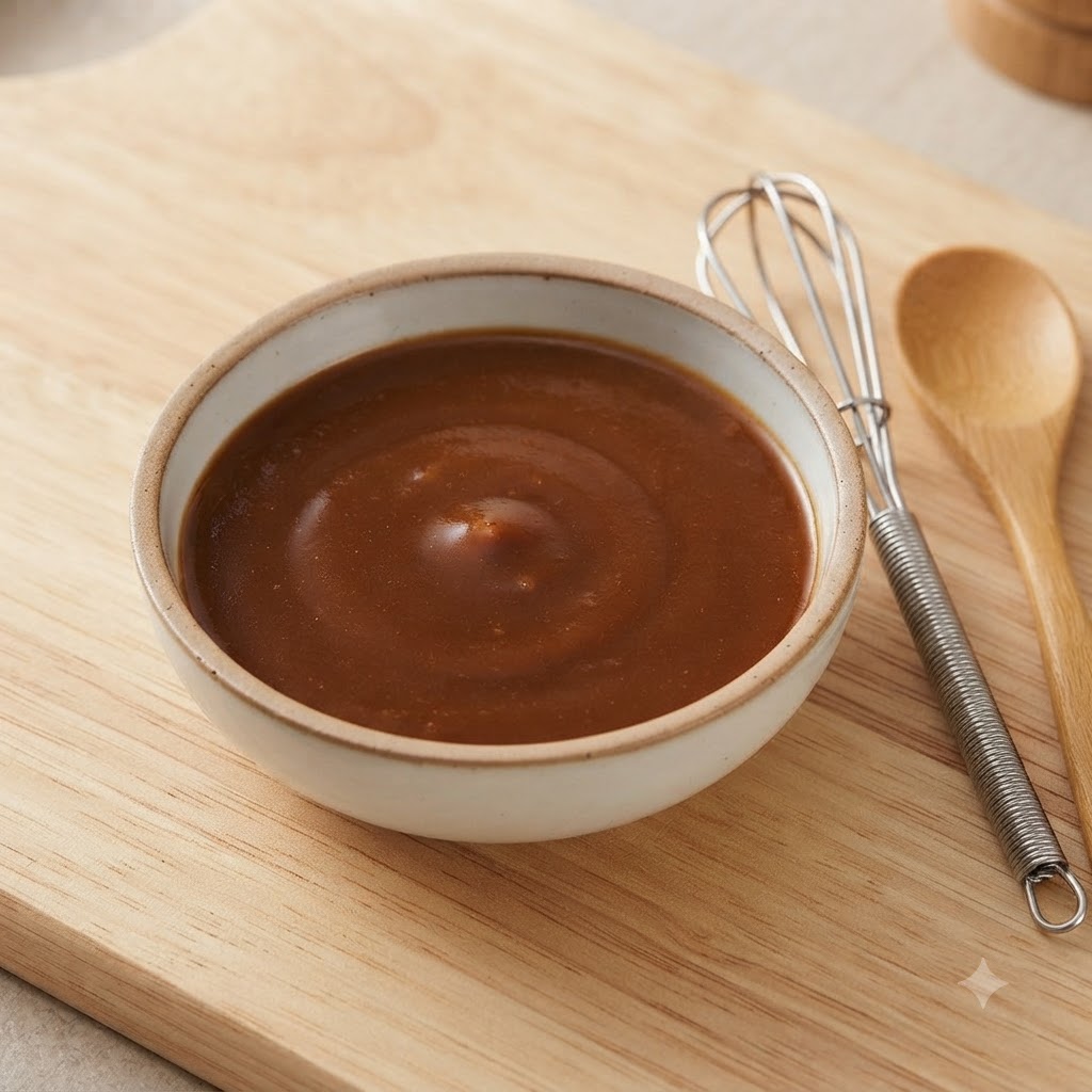Una ciotola con un composto liscio di miso e salsa di soia vicino a una mini frusta a filo e un cucchiaio di legno.