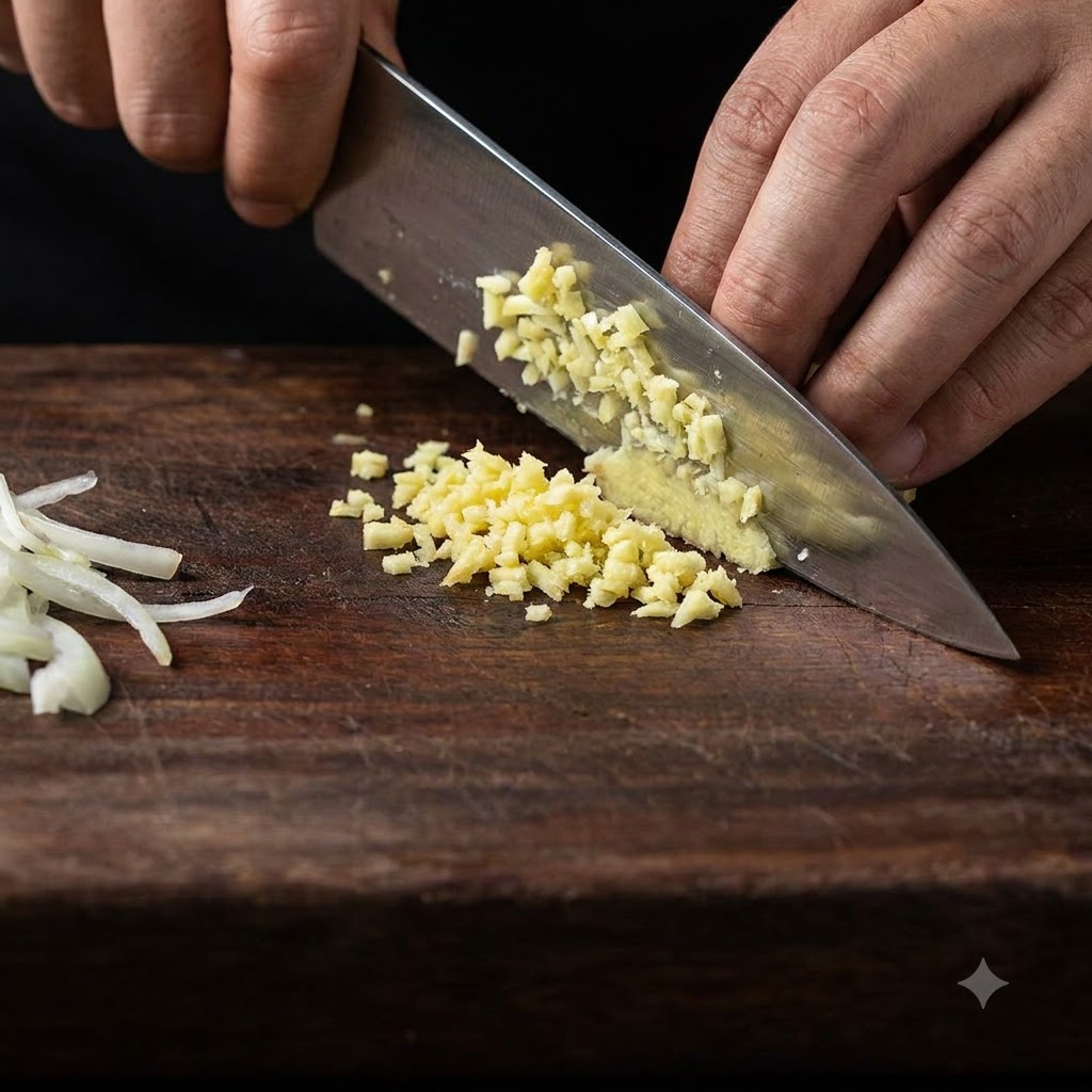 Un coltello da chef che trita finemente lo zenzero fresco in piccoli pezzi su un tagliere di legno.