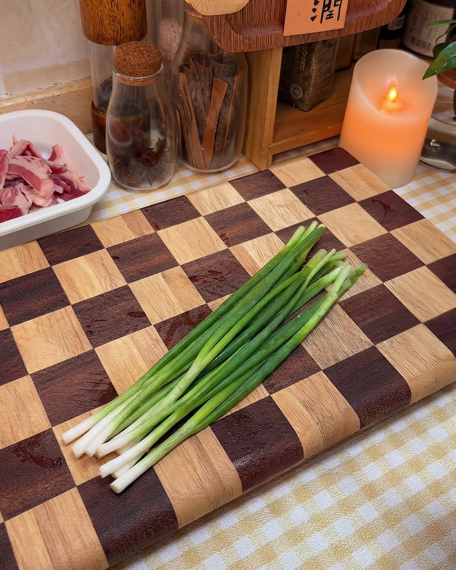 Cipollotti freschi disposti e pronti per essere tritati su un tagliere di legno.