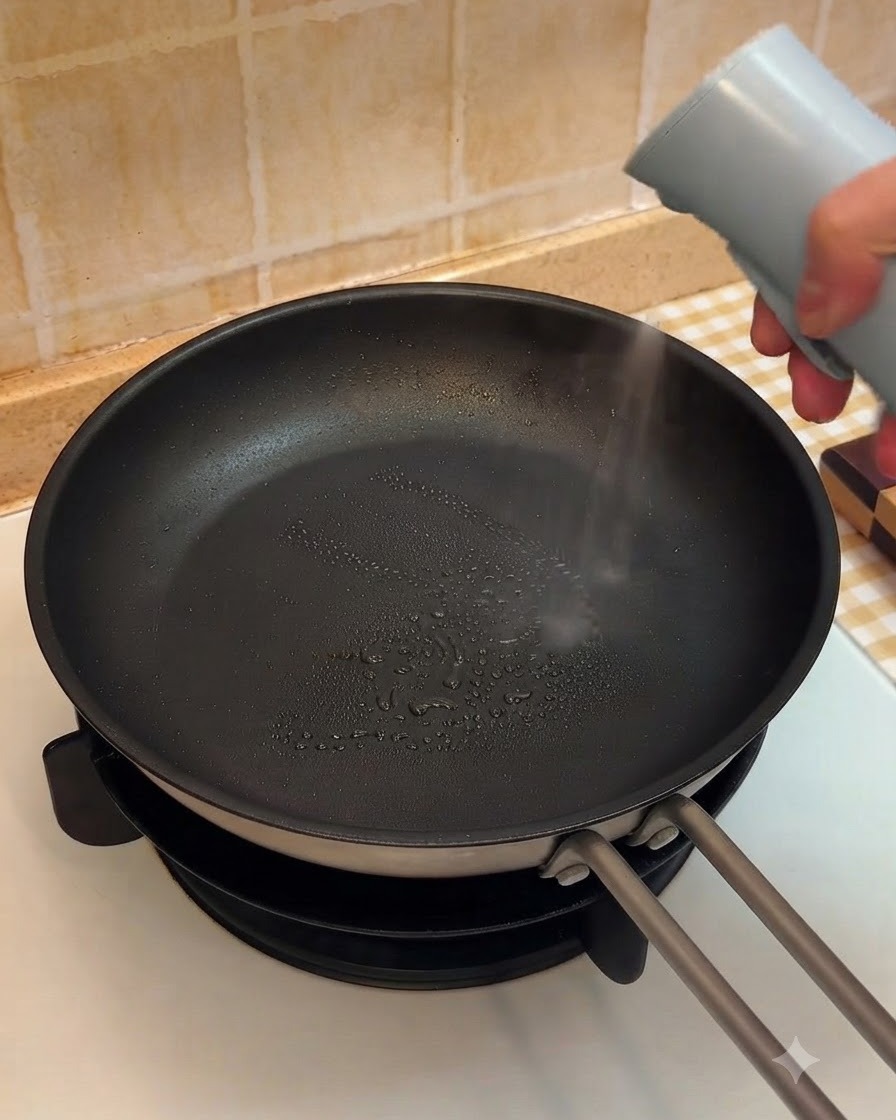 Una padella calda leggermente unta con uno spray prima di cuocere il manzo.