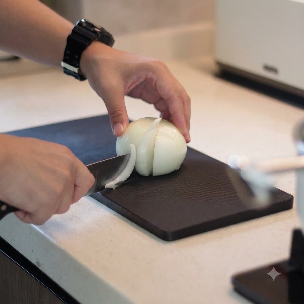 Strisce di cipolla bianca affettate trasferite in una ciotola di vetro sul bancone della cucina.