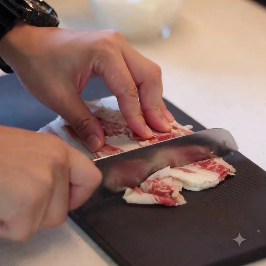 Una coppia di mani che usa un affilato coltello da cucina per affettare strisce di manzo marezzato in pezzi più piccoli su un tagliere nero.